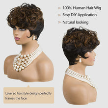 Load image into Gallery viewer, Black Mix Brown Highlight Short Deep Curly Wave Pixie Cut Wigs Human Hair For Black Woman