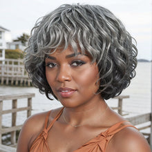 Load image into Gallery viewer, Salt And Pepper Wig/Black Mix Brown Short Natural Wave Bob Glueless Wig With Bangs For Black Women