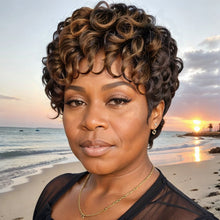 Load image into Gallery viewer, Black Mix Brown Highlight Short Deep Curly Wave Pixie Cut Wigs Human Hair For Black Woman
