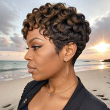 Load image into Gallery viewer, Black Mix Brown Highlight Short Deep Curly Wave Pixie Cut Wigs Human Hair For Black Woman
