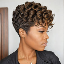Load image into Gallery viewer, Black Mix Brown Highlight Short Deep Curly Wave Pixie Cut Wigs Human Hair For Black Woman
