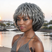Load image into Gallery viewer, Salt And Pepper Wig/Black Mix Brown Short Natural Wave Bob Glueless Wig With Bangs For Black Women
